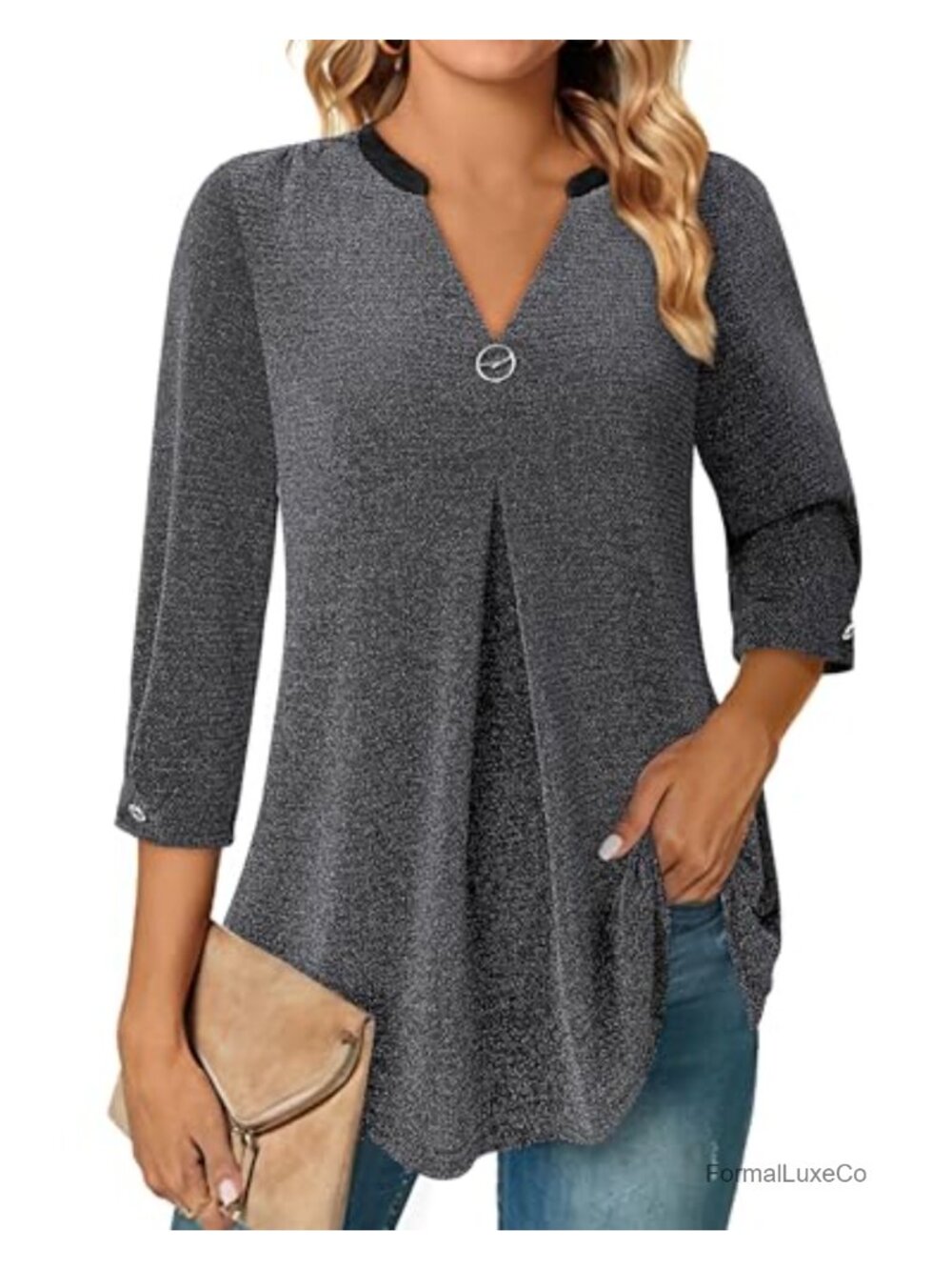 Women's 3/4 Sleeve V-Neck Tunic Blouse Dressy Casual Top
